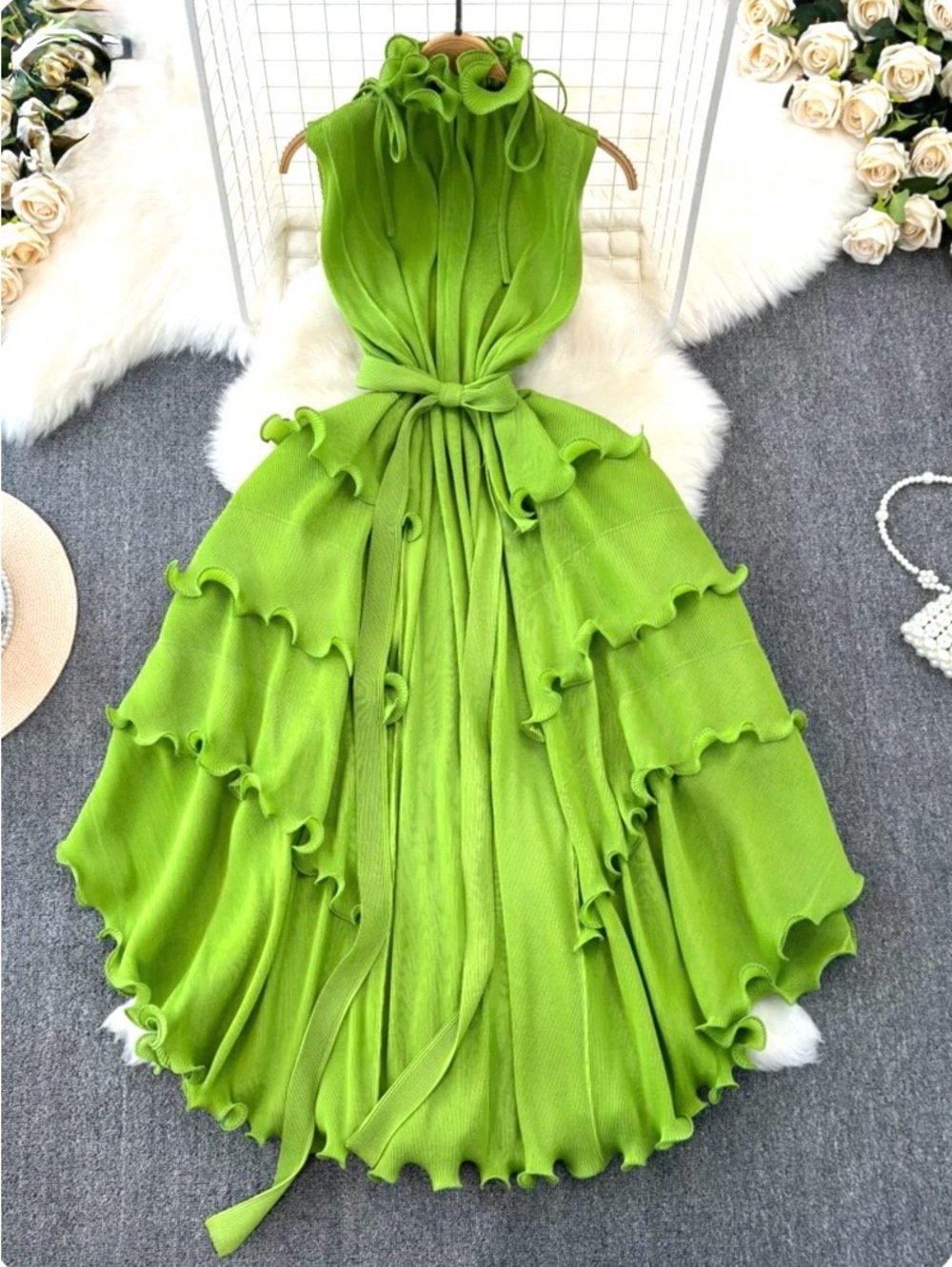 Sleeveless Ruffle Tiered Green Dress with Waist Tie